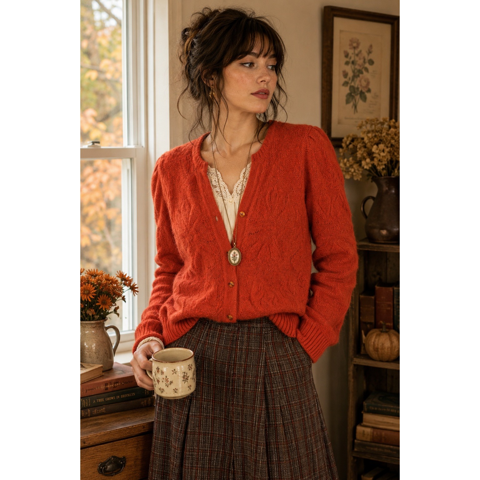 Vintage Women's Large Orange Fuzzy Halo Knit Cardigan Sweater Button Front